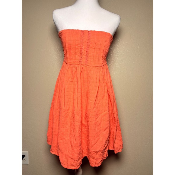 Billabong Dresses & Skirts - Y2K Billabong Strapless Smocked Mini Dress Coral Orange Textured L/G #8